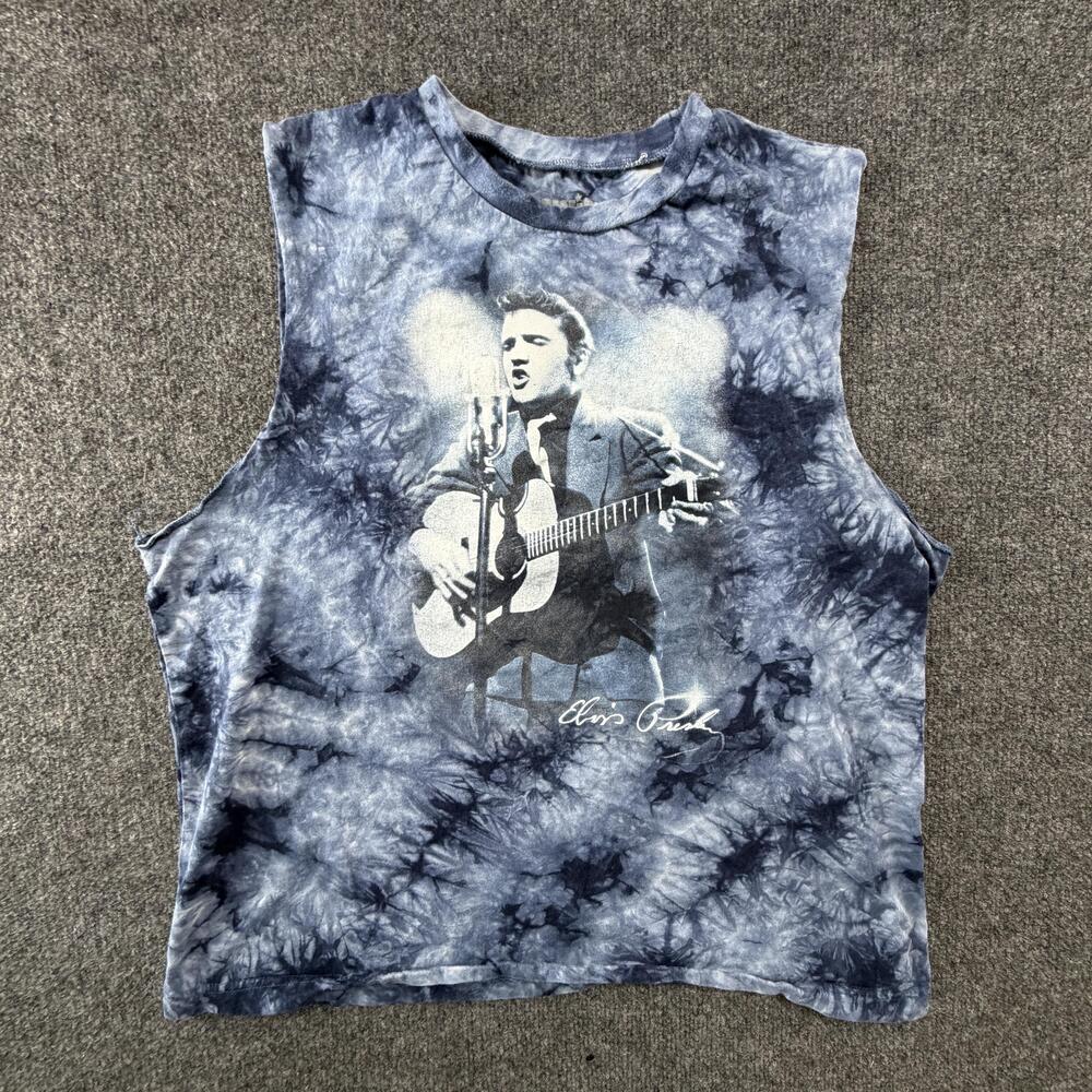 Elvis Presley Shirt Mens XL Blue Tie Dye Sleeveless Cutoff Graphic Guitar Tee